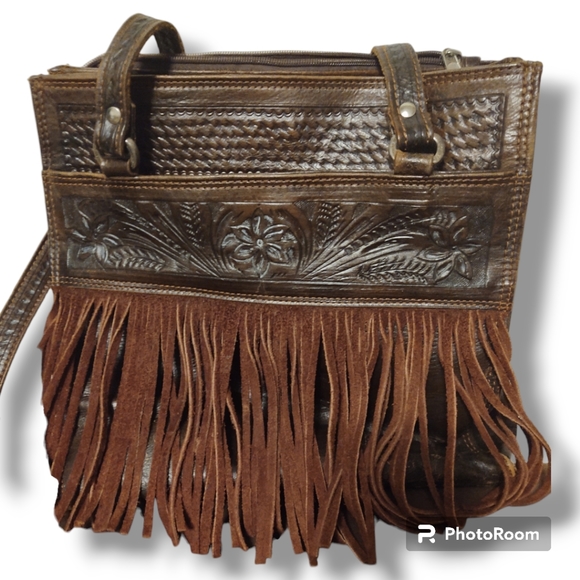 None Handbags - American West Tooled Brown Leather Fringed Bag